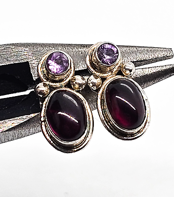 #ad Amethyst and red garnet gemstone sterling silver stud earrings $26.00