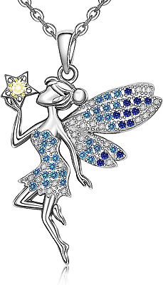 #ad Fairy Necklace for Women Girls Kids Sterling Silver Angel Wings Star Blue Births $53.31