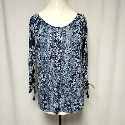 #ad Lucky Brand Boho Tunic Top Blue amp; White Floral Button Front Small. $10.50