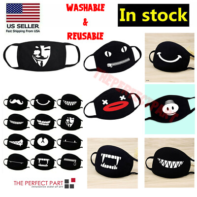 #ad Cartoon Face Mask Cover Funny Unisex Teeth Mouth Black Cotton Printed Washable $2.99