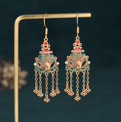 #ad Jade Cloisonne Bohemian Drop Dangle Earrings Ethnic Tassel Hook 18K Gold Plated $13.95