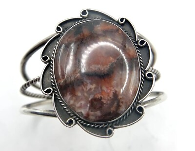 #ad Vntg Native American Navajo Signed Twisted Silver Petrified Wood Cuff Bracelet $170.00