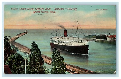 #ad 1911 Entering Grand Haven Michigan Chicago Boat Alabama MI Antique Postcard $7.74