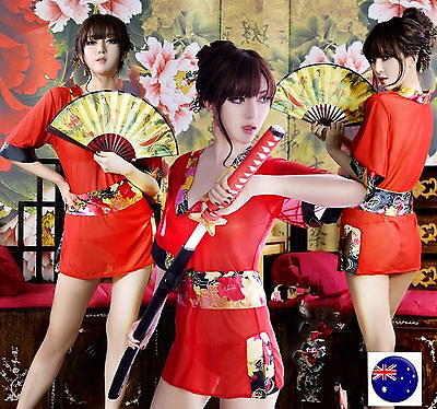 #ad Women Lady Sexy Japan red Lace Kimono YUKATA Robe Sleepwear Nighties Dress Gown AU $17.00