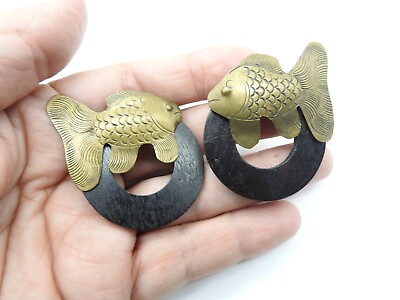 #ad Black Stained Wood Textured Brass Fish Pierced Earrings Vintage $8.29