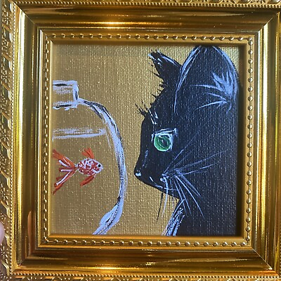 #ad Cat Fish Original Painting On Canvas Board 4 4 animalsartworkminismallframed $27.00
