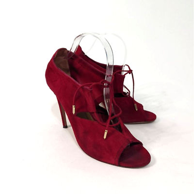 #ad Aquazzura Red Suede Lace Up Cutout Open Toe Heels Size 39.5 Womens Preowned FLAW $99.95