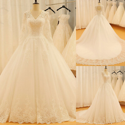 #ad Plus Size Wedding Dresses Long Sleeve V Neck Lace Applique A line Bridal Gowns $153.00