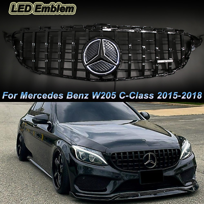 #ad Gloss Black GTR Grille W LED Emblem For Mercedes Benz W205 2015 2018 C Class $78.52