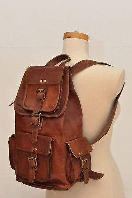 #ad Men#x27;s Goat Leather Backpack Vintage Bag Travel Rucksack Genuine $55.10