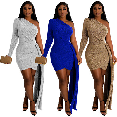 #ad Stylish New Women Sloping Shoulder One Sleeve Solid Bodycon Club Party Dress $33.61