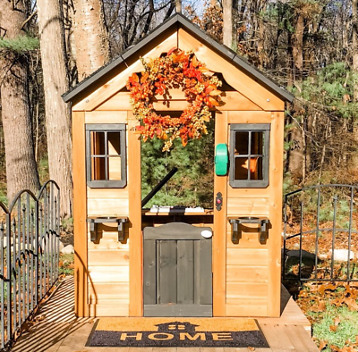 #ad Kids Toddler Cedar Wood Outdoor Playhouse Interactive Wooden Play Cottage Cabin $344.89