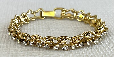 #ad Rhinestone Tennis Bracelet Clear Gem Cut Glass Gold Tone Prong Set Ladder Link $17.99