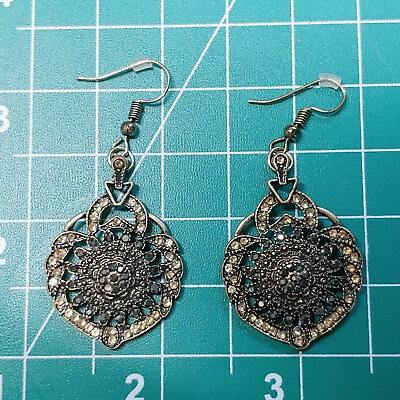 #ad Vintage Gold Toned Lace With Black And Clear Rhinestone Hook Dangle Earrings $8.00