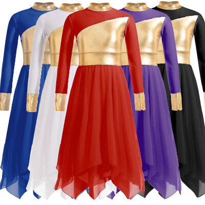 #ad Kid Girls Long Sleeve Praise Dance Dress Church Worship Dance Tunic Dresses Robe $18.37