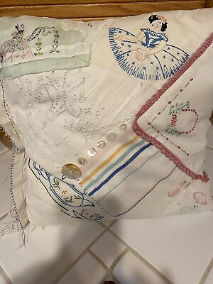 #ad Handmade Pillow 14” Made From Vintage Embroidered Linens $15.90