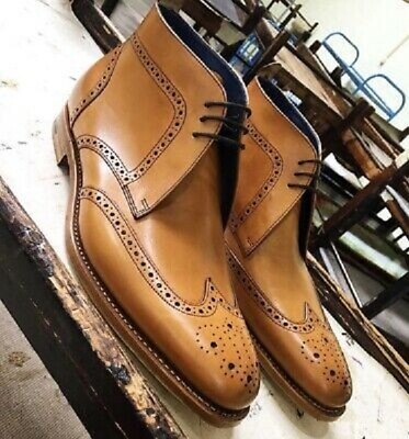 #ad Handmade Tan color wing tip brogue dress boots ofr men Men ankle high boots $152.99