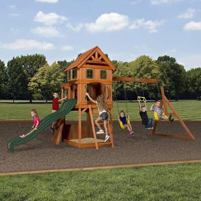 #ad Outdoor Wooden Swing Set Toy Playhouse PlaySet with Slide Rock Wall All Cedar $1279.95