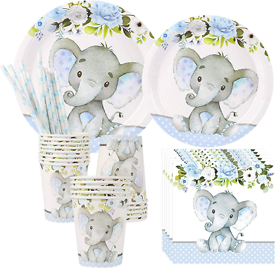 #ad Elephant Baby Shower Serves 24 Blue Elephant Party Supplies Decorations El $22.44
