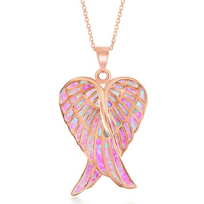 #ad Sterling Silver Rose GP Pink Inlay Opal Angel Wings Pendant $58.66