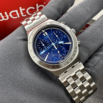 #ad NEW✅ Swatch Men#x27;s 40mm Steel Bracelet amp; Case Quartz Blue Dial Chronograph Watch $149.99