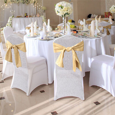 #ad 10 50PCS Wedding Chair Covers Glitter Stretch Spandex Wedding Party Chair Covers $29.93