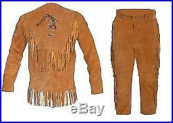 #ad Men#x27;s Native American Tan Cowboy Buckskin Ragged Shirt Pant Mountain Man Suit $249.99