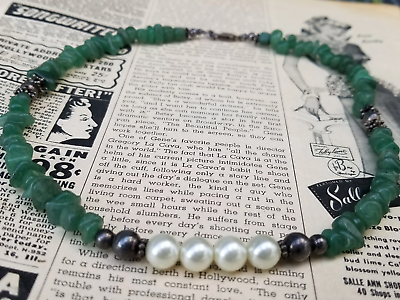 #ad Green Aventurine chip sterling silver and pearl beaded necklace $29.75