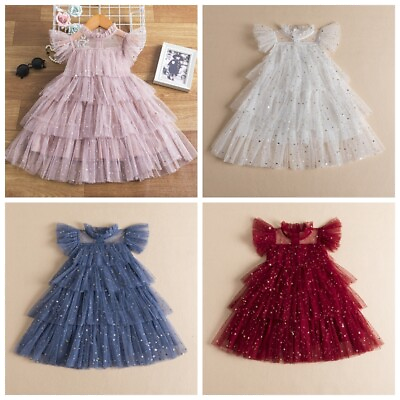 #ad Kid Mesh Tulle Dresses A line Tiered Layered Sequin Star Short Sleeve Party $24.07