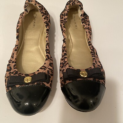 #ad TAHARI Leopard Print Gibson Flats Shoes 8 M Patent Toe amp; Heel Grosgrain Bow VGUC $21.99