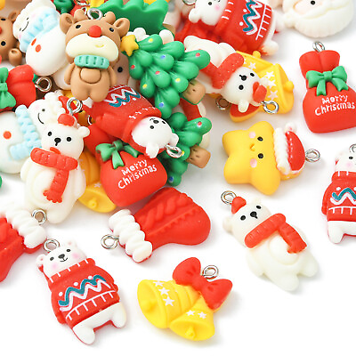 #ad 40x Mixed Opaque Resin Pendants Christmas Theme Charms Santa Claus Bell Reindeer $10.19