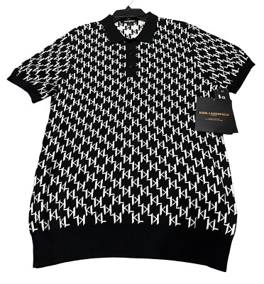 #ad NEW Karl Lagerfeld Mens All Over Logo Limited Edition Polo Black White Large $48.99