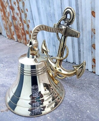#ad Nautical Brass Wall Bell Ship Bell 8quot; Hanging Anchor Handmade Boat Decor Gift $92.07