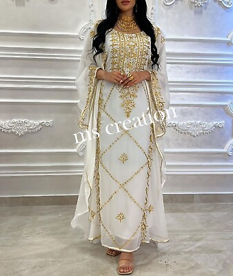 #ad Sale White Moroccan Dubai Kaftan Farasha Abaya wedding fancy Long gown Dress 69 $54.59