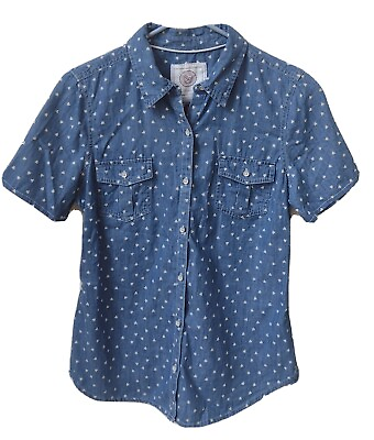#ad SO Top Juniors Large Button Down Short Sleeve Shirt Chambray Denim With Hearts $19.00