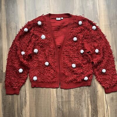 #ad Mighty Fine Women’s 2X Knitted Open Cardigan Allover Red Loops And Tinsel Balls $18.00