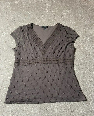 #ad Alfani Blouse Womens XL Nylon V Neck Lace Crochet Cap Sleeve Brown $19.99