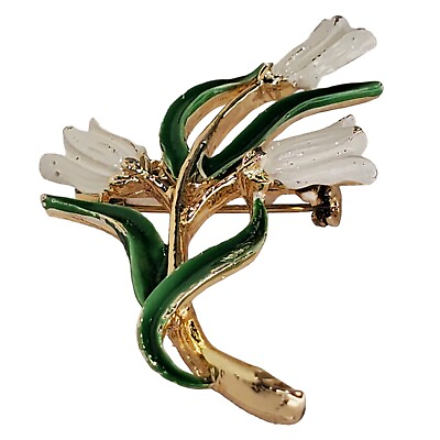 #ad Vintage Floral Jerry#x27;s White and Green Enamel Lilly Gold Plated Brooch Pin $35.00