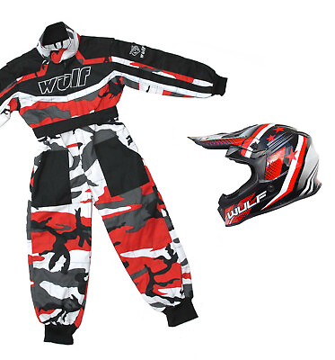 #ad Kids Wulfsport Wulf MX Quad Motocross Overall And Helmet Red Camo Set #O2 GBP 84.99