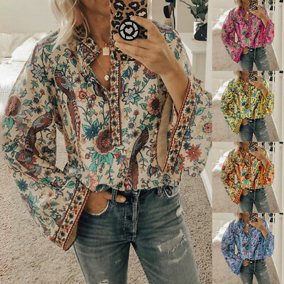#ad Womens Casual Long Sleeve Floral Print T shirts Loose Button Holiday Blouses Top $18.39