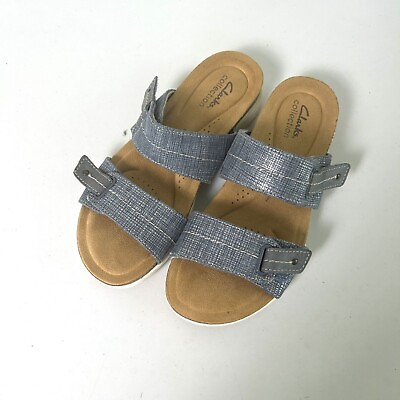 #ad Clarks Collection Sandals April Dusk Womens Size 7 Blue Denim Adjustable Slides $28.95