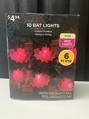 #ad Halloween Purple Bat String 10 Lights 6Ft One String Porch Party Decor w Box $14.99