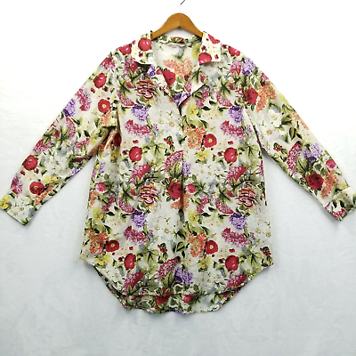 #ad Soft Surroundings Blouse Women XL Multicolor Floral Long Sleeve Silk Tunic Top $28.88
