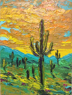#ad Original Oil Painting Desert Arizona Landscape Cactus Sky Hand Painted Art 8x6 $45.24