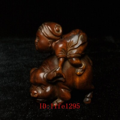 #ad 2 inch Old Japanese Boxwood hand carved lovely ride pig boy Statue Netsuke Gift $19.99