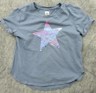 #ad Gap Kids Tee Girls Small Gray Blue W30 Flippy Sequins Star T Shirt Cuffed Sleeve $4.99