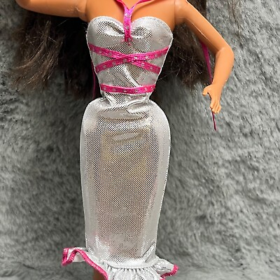 #ad Barbie or Barbie Clone Metalic Silver Glittery Dress Body Con amp; Long Sleeve $19.99