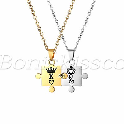 #ad quot;King and Queenquot; Crown Stainless Steel Puzzle Couples Pendant Necklace Chain Set $9.99