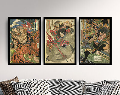 #ad Set of Three Japanese Warrior Paintings by Utagawa Kuniyoshi Art Print Poster GBP 229.00