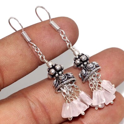 #ad 925 Silver Plated Rose Quartz Ethnic Beaded Gemstone Earrings Jewelry 2quot; GW $4.99